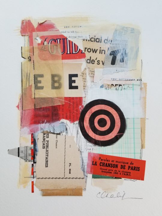 Collages getiteld "Bullseye de Paris" door Catherine Chalifoux, Origineel Kunstwerk, Collages Gemonteerd op Andere stijve pa…