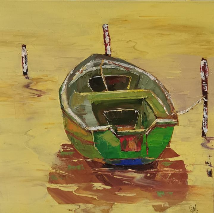 Schilderij getiteld "La barque verte" door Catherine Maury, Origineel Kunstwerk, Olie