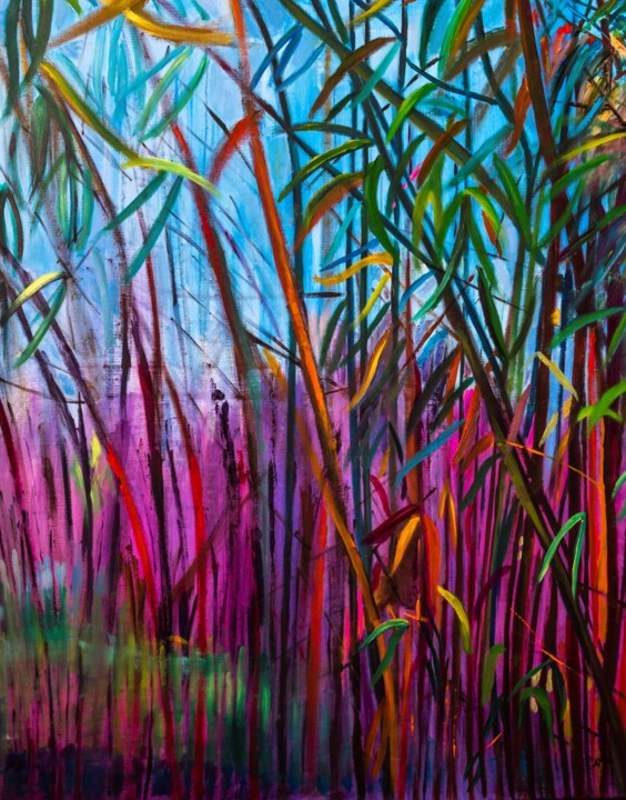 Картина под названием "Les Bambous 1" - Catherine Maury, Подлинное произведение искусства, Масло Установлен на Деревянная ра…
