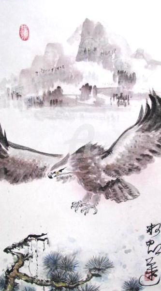 Schilderij getiteld "L'aigle des sommets…" door Catherine Mondoux (4INE), Origineel Kunstwerk, Inkt