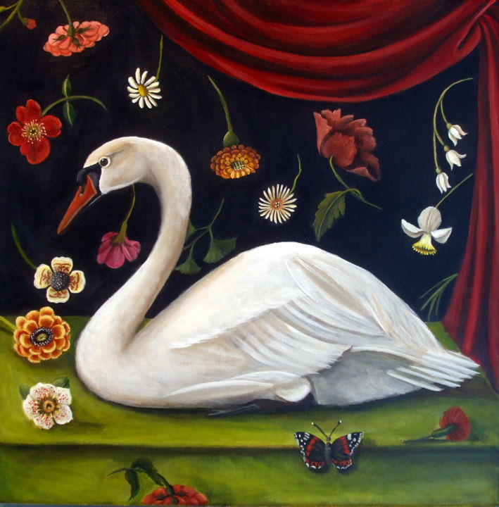 Painting titled "Floral Swan" by Catherine Dequattro Nolin, Original Art, Acrylic