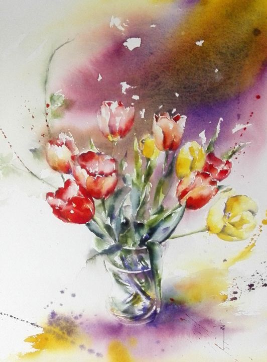 Painting titled "Folles tulipes" by Catherine Rey, Original Artwork, Watercolor