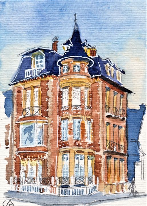 Painting titled "VILLA LA SIRENE à M…" by Catherine Rossi, Original Artwork, Watercolor