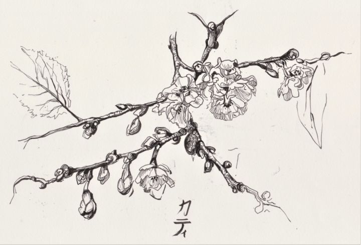 Dibujo titulada "Détails - cerisier…" por Catherine Rossi, Obra de arte original, Tinta