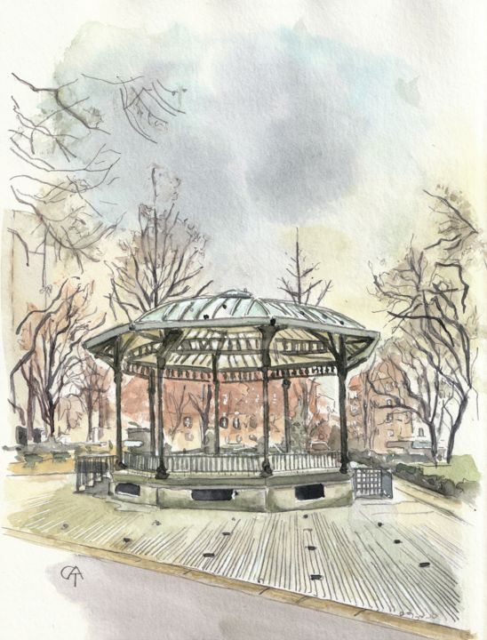 Peinture intitulée "Kiosque sans fête" par Catherine Rossi, Œuvre d'art originale, Aquarelle