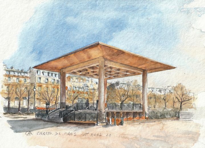 Pintura intitulada "Kiosque du Champ de…" por Catherine Rossi, Obras de arte originais, Aquarela