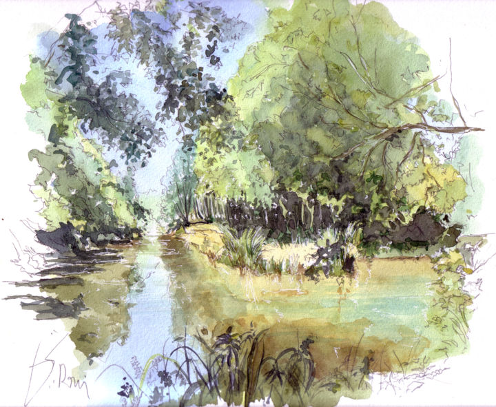 Peinture intitulée "L'étang  près des r…" par Catherine Rossi, Œuvre d'art originale