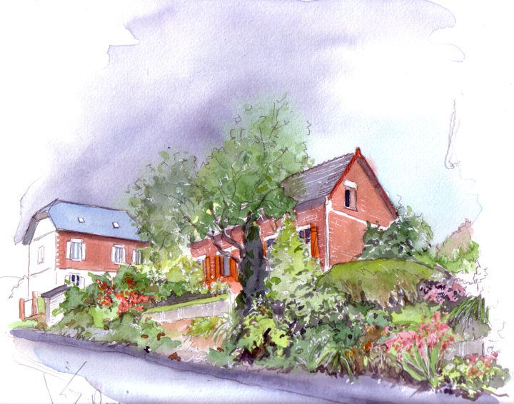 Schilderij getiteld "Maisons fleuries de…" door Catherine Rossi, Origineel Kunstwerk, Aquarel