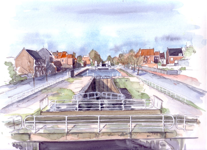 Schilderij getiteld "Le canal de Roubaix" door Catherine Rossi, Origineel Kunstwerk