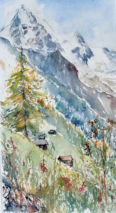 Painting titled "Dent Blanche" by Catherine Saint Fontaine, Original Artwork, Watercolor