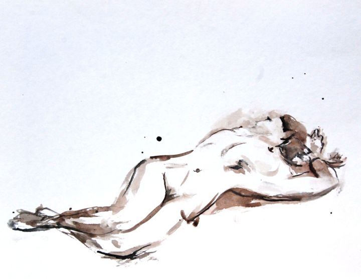 Painting titled "jeune femme allongée" by Catherine Saint Fontaine, Original Artwork, Watercolor