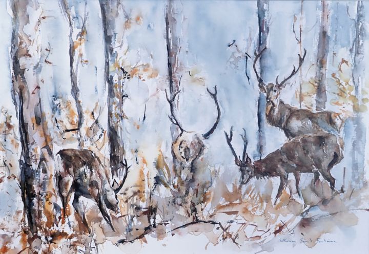 Pintura intitulada "Cerfs en forêt" por Catherine Saint Fontaine, Obras de arte originais, Aquarela