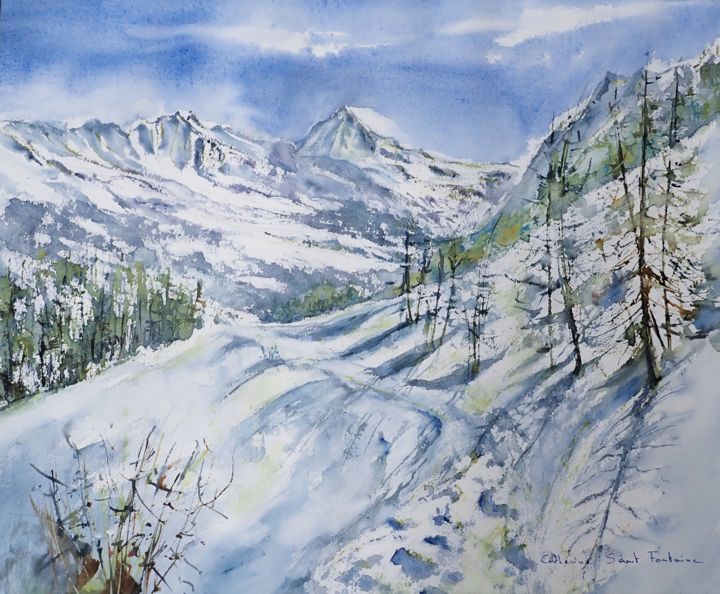 Painting titled "Arey, Dent Blanche" by Catherine Saint Fontaine, Original Artwork, Watercolor