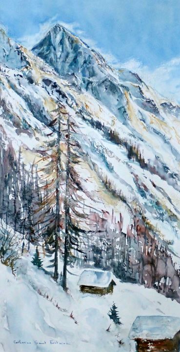 Painting titled "la dent blanche à b…" by Catherine Saint Fontaine, Original Artwork, Watercolor