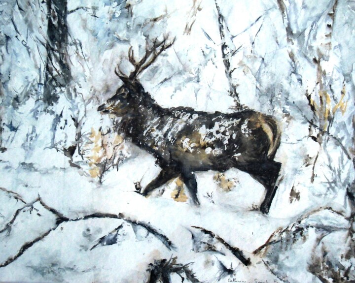Pintura titulada "Cerf dans la neige,…" por Catherine Saint Fontaine, Obra de arte original, Acuarela