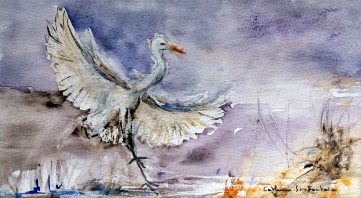 Painting titled "l'aigrette" by Catherine Saint Fontaine, Original Artwork, Watercolor