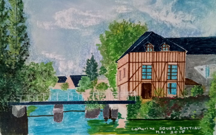 Peinture intitulée "La Sauldre à Romora…" par Catherine Souet - Bottiau, Œuvre d'art originale, Autre