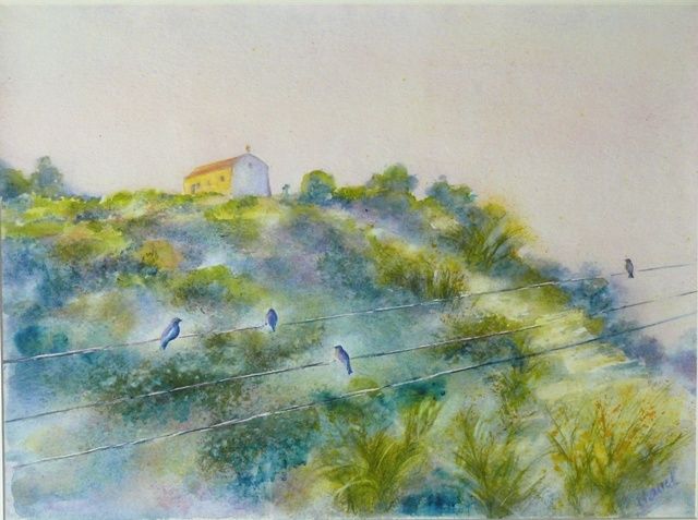 Pintura titulada "St Sabin des oiseaux" por Catherine Vanel, Obra de arte original, Acuarela