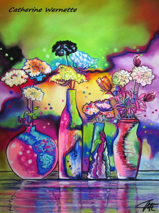 Painting titled "FEERIE FLORALE" by Catherine Wernette, Original Artwork, Pastel