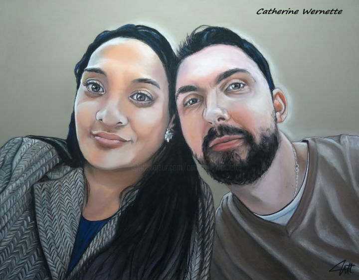 Drawing titled "JEUNE COUPLE" by Catherine Wernette, Original Artwork, Pastel
