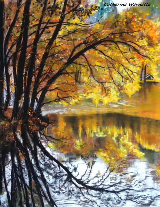 Dessin intitulée "AUTOMNE SUR LE LAC" par Catherine Wernette, Œuvre d'art originale, Pastel