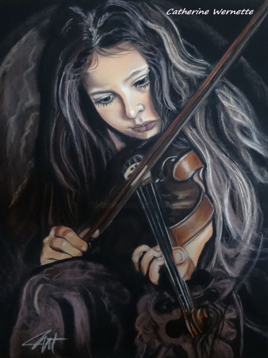 Drawing titled "LA PETITE VIOLONISTE" by Catherine Wernette, Original Artwork, Pastel