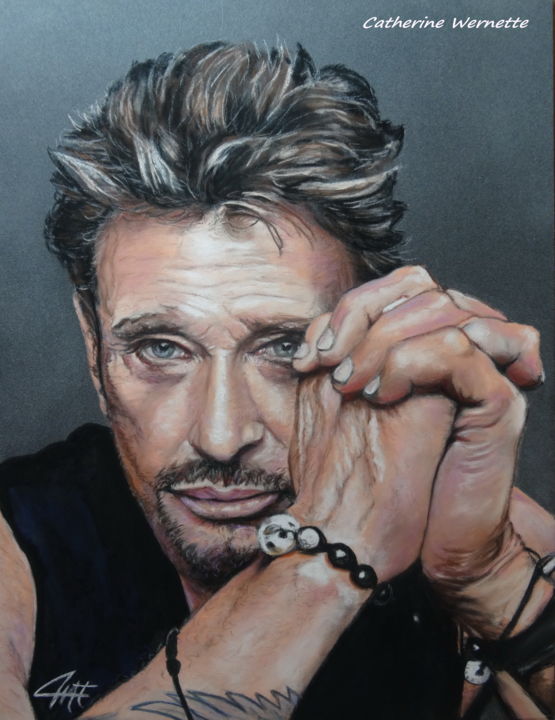 Zeichnungen mit dem Titel "JOHNNY HALLYDAY" von Catherine Wernette, Original-Kunstwerk, Pastell