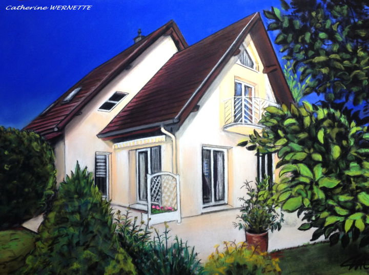 Drawing titled "MAISON CONTEMPORAINE" by Catherine Wernette, Original Artwork, Pastel