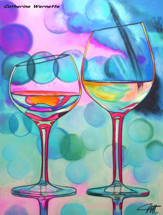 Rysunek zatytułowany „COUPLE VERRE à VIN…” autorstwa Catherine Wernette, Oryginalna praca, Pastel