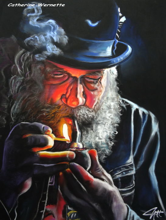 Dessin intitulée "l'HOMME A LA PIPE" par Catherine Wernette, Œuvre d'art originale, Pastel