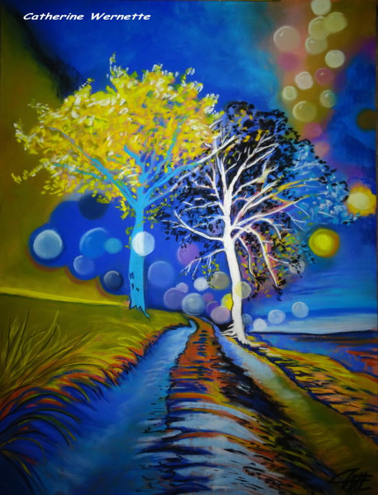 Dibujo titulada "LE CHEMIN" por Catherine Wernette, Obra de arte original, Pastel