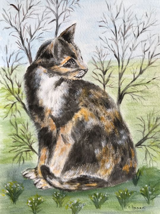 Peinture intitulée "CHAT  TRICOLORE" par Cathou-Bazec, Œuvre d'art originale, Acrylique