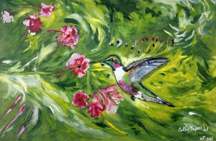 Painting titled "le colibri" by Cathy Dapvril (CDL), Original Artwork, Oil