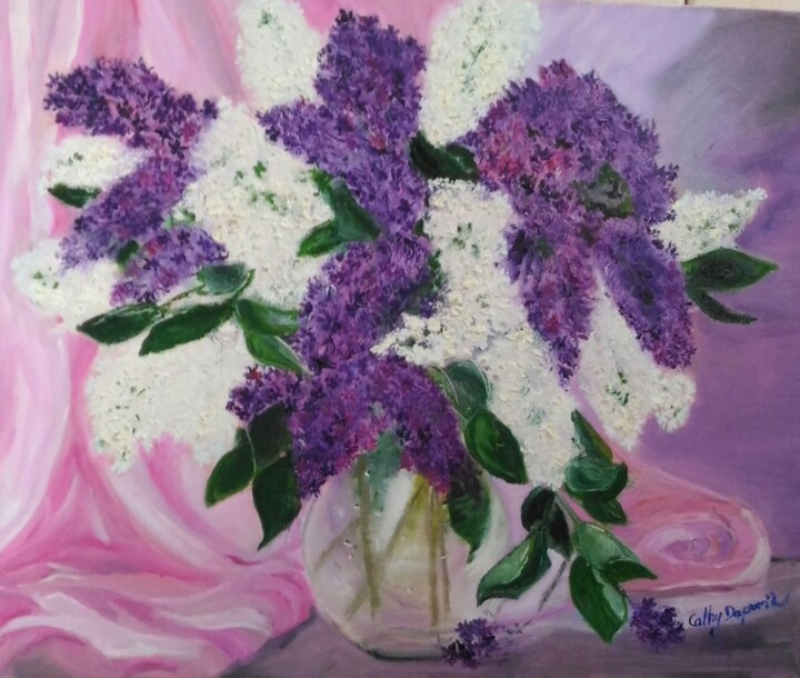 Painting titled "bouquet de lilas 2" by Cathy Dapvril (CDL), Original Artwork, Oil