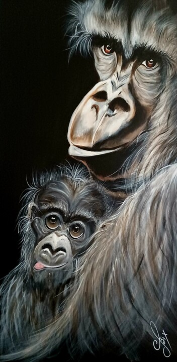 Painting titled "Angie et son gosse" by Cathy Fix, Original Artwork, Acrylic Mounted on Wood Stretcher frame