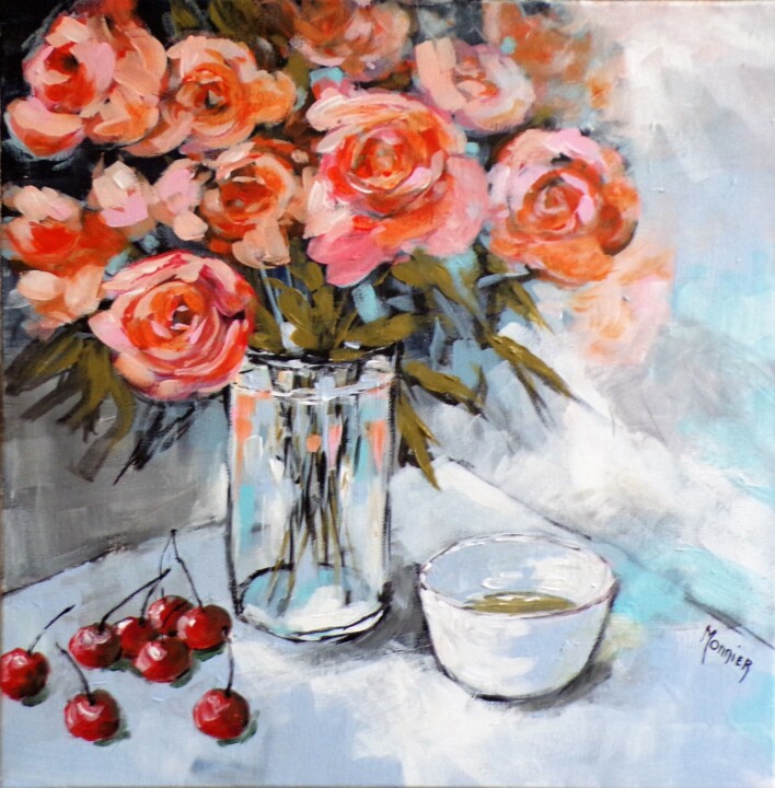 Peinture intitulée "roses et cerises…" par Cathy Monnier, Œuvre d'art originale, Acrylique