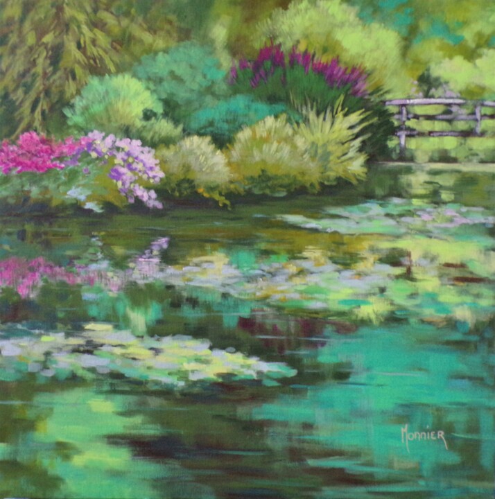 Painting titled "Jardin d'eau II" by Cathy Monnier, Original Artwork, Acrylic Mounted on Wood Stretcher frame
