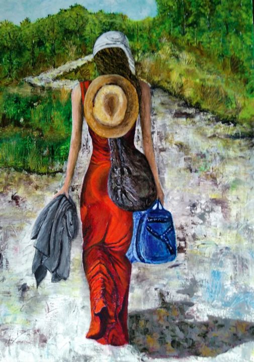 Painting titled "En chemin" by Cathya, Original Artwork, Acrylic Mounted on Wood Stretcher frame