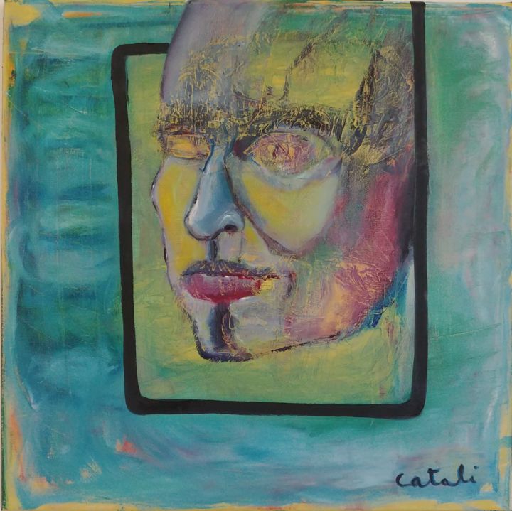 Painting titled "Tête au Carré" by Catali, Original Artwork, Acrylic Mounted on Wood Stretcher frame