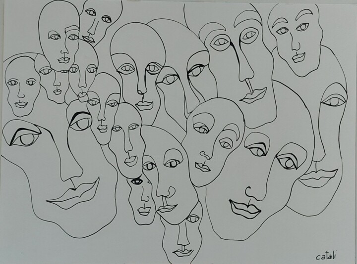 Drawing titled "Masques" by Catali, Original Artwork, Ink