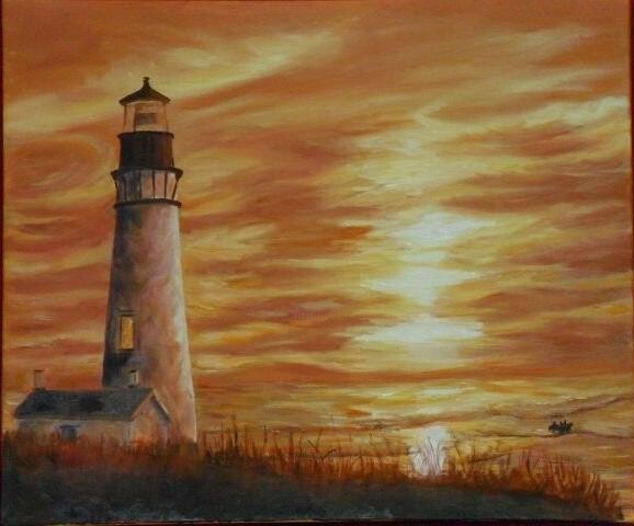 Painting titled "Faro al tramonto" by Catia Biso, Original Artwork, Oil