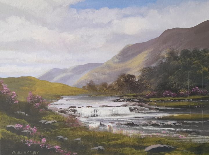 Painting titled "Aasleagh falls,june" by Cathal O Malley, Original Artwork, Acrylic
