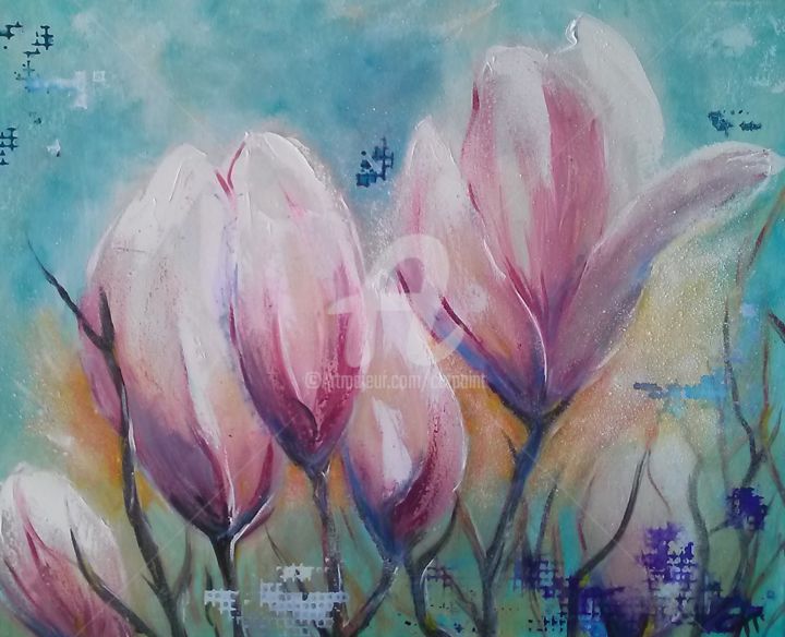 Malerei mit dem Titel "magnolia fond turqu…" von Catherine Cabé (CAT.), Original-Kunstwerk, Öl