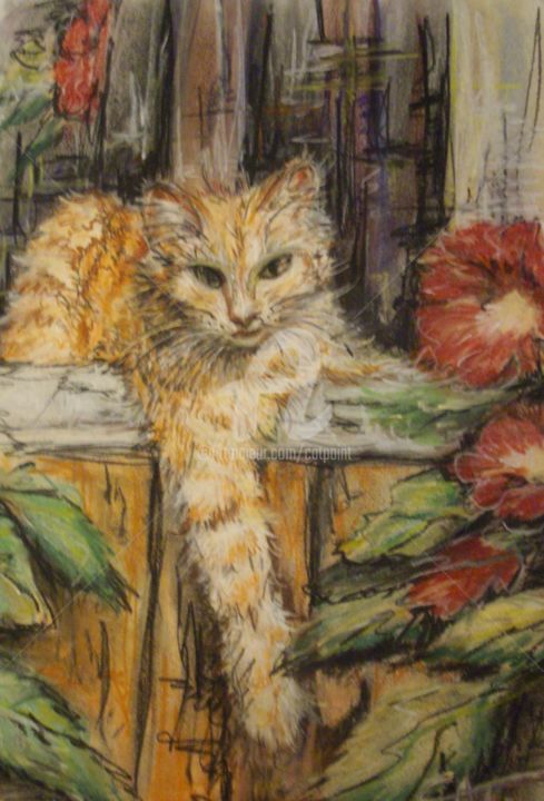 Peinture intitulée "MINET A LA FENETRE" par Catherine Cabé (CAT.), Œuvre d'art originale, Huile