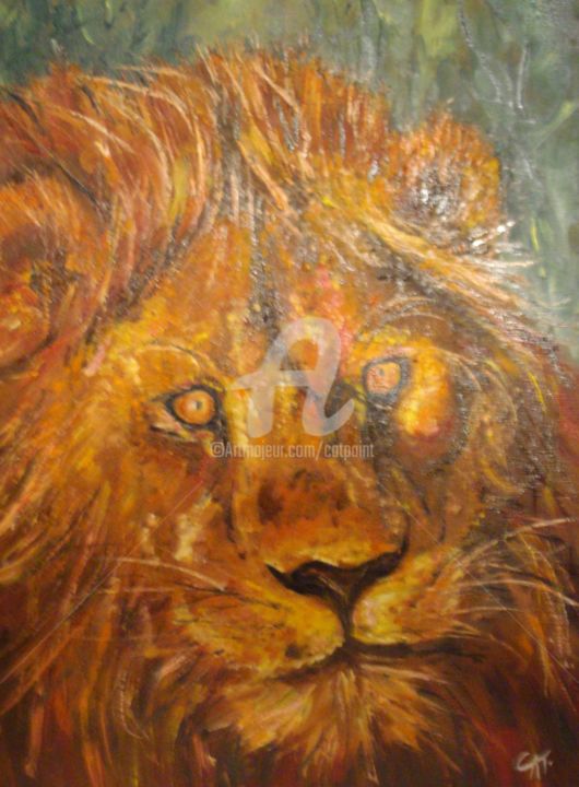 Painting titled "LOUIS le lion" by Catherine Cabé (CAT.), Original Artwork, Oil