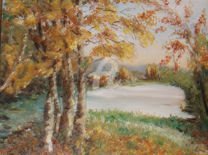 Painting titled "LAC EN OCTOBRE" by Catherine Cabé (CAT.), Original Artwork, Oil