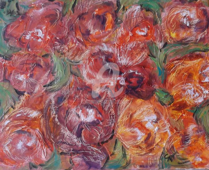 Painting titled "FLEURS EN FEU" by Catherine Cabé (CAT.), Original Artwork, Oil