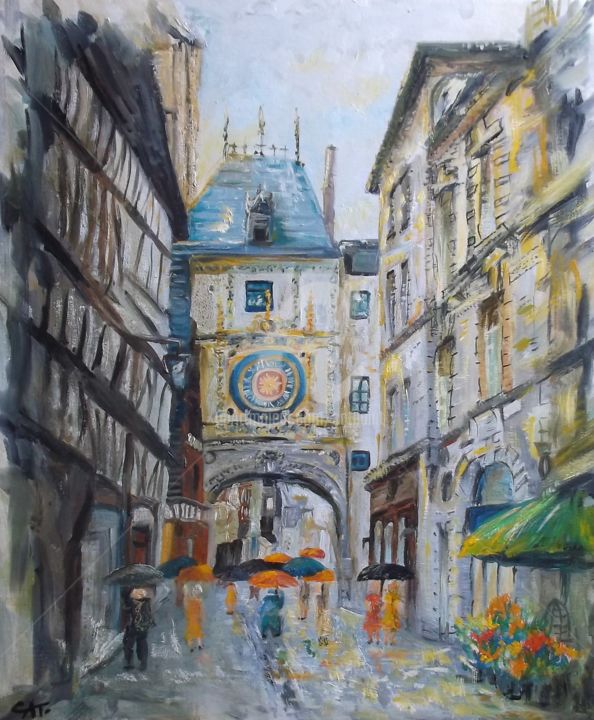 Painting titled "RUE DU GROS HORLOGE…" by Catherine Cabé (CAT.), Original Artwork, Oil