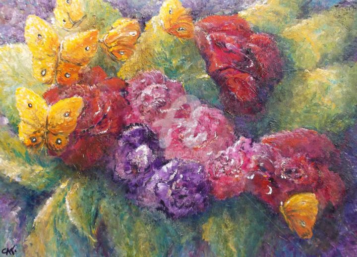 Painting titled "ENTRE FAUNE ET FLOR…" by Catherine Cabé (CAT.), Original Artwork, Oil