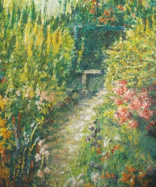 Painting titled "CHEMIN FLEURI" by Catherine Cabé (CAT.), Original Artwork, Oil